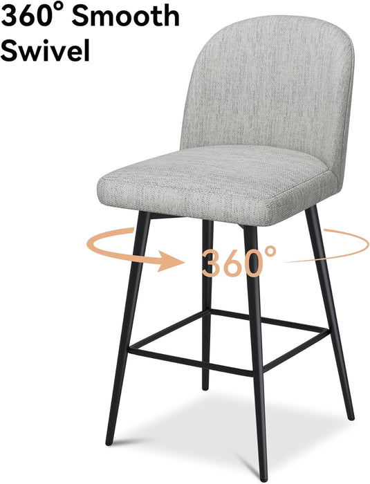 Counter Height Bar Stools Set of 3, 26 Inch Upholstered 360°Swivel Barstools with Back and Metal Legs, Linen Fabric Counter Stools for Kitchen Island, Dining Room, Pub, Light Grey