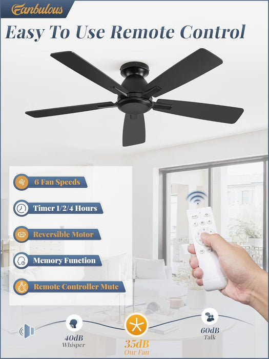 46 Inch Flush Mount Ceiling Fan No Light with Remote,Black Modern Low Profile Ceiling Fan without Light,6-Speeds,Quiet Reversible DC Motor,Indoor&Outdoor Ceiling Fans for Bedroom,Living Room