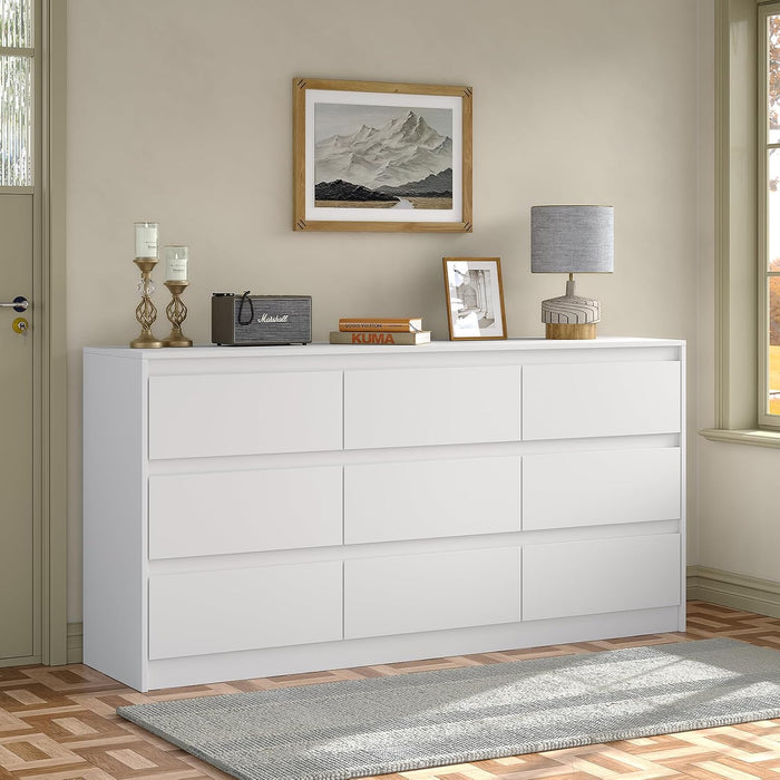 Modern 9 Large Storage Drawers Dresser for Clothes Organizer, White Modern Chest of Drawers for Closet, 60" Long Drawer Organizer Cabinet for Bedroom,Living Room,Entryway,Hallway