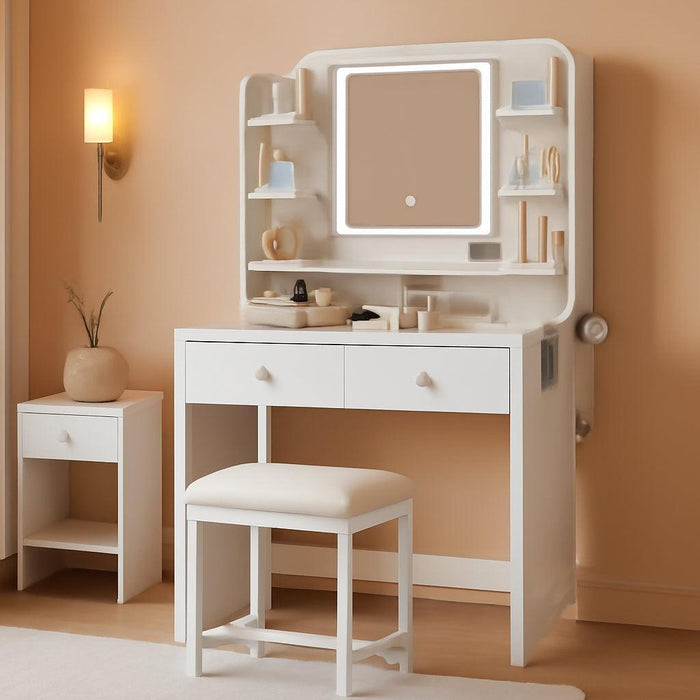 White Vanity with Lighted Mirror, 8 Shelves, 2 Drawers, Charging Station, Hair Dryer Holder & Stool, LED Mirror with 3 Light Modes