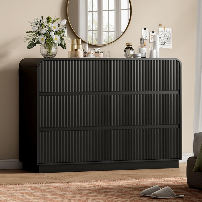 Black Dresser Fluted 6 Drawers Dresser for Bedroom, 47" Wide Wood Chest of Drawers with Hidden Handles & Rounded Corners, Modern TV Stand Storage Cabinet for Living Room, Hallway, Entryway