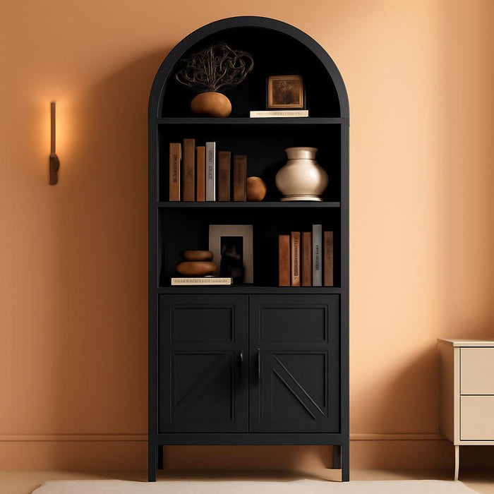 71" Tall Arched Bookshelf, 5-Tier Arched Bookcase with Door & Storage Cabinet, Farmhouse Display Bookshelf Cabinet with Adjustable Shelf, Freestanding Wood Bookcase for Home Office, Study