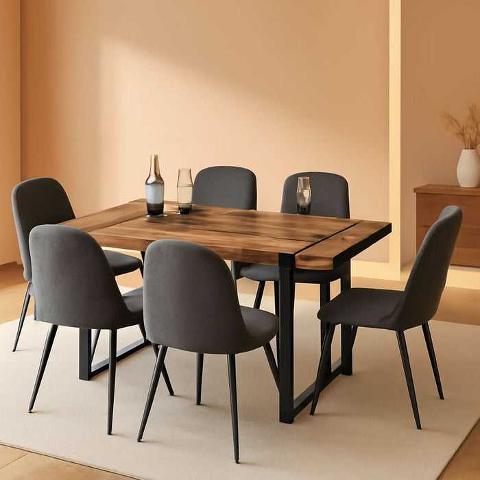 Dining Table Set for 6, Modern 55'' Dark Wood Dining Table and Fabric Dining Chairs Set of 6,Table and Chairs Set of 6,Ideal for Kitchen Dining Room