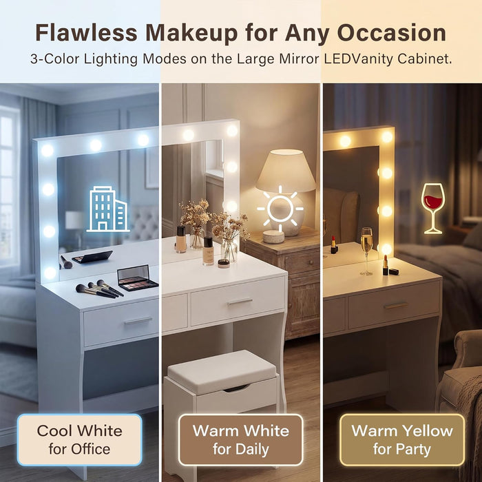 White Vanity Desk With Oversized Illuminated Mirror