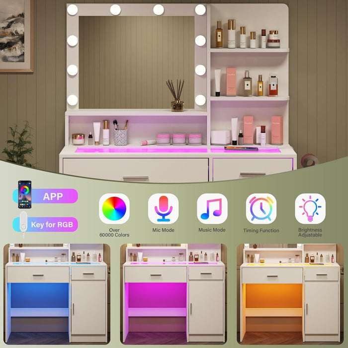 White Vanity Desk with Mirror & RGB Lights - Adjustable Brightness, Glass Top, Built-In Power Outlet, Multi-Storage Makeup Dressing Table for Bedroom