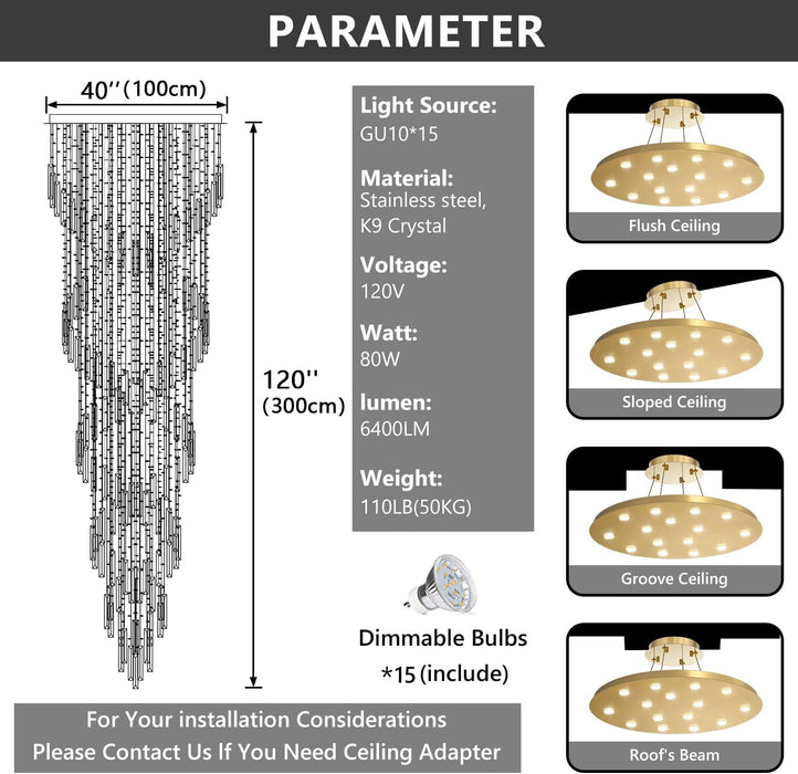 D40'' X H120'' Crystal Chandelier High Ceiling Chandeliers for Entryway Large Raindrop Chandeliers LED Dimmable Flush Mount Light Fixtures for Staircaes Foyer Hallway Living Room Bulbs Included Gold