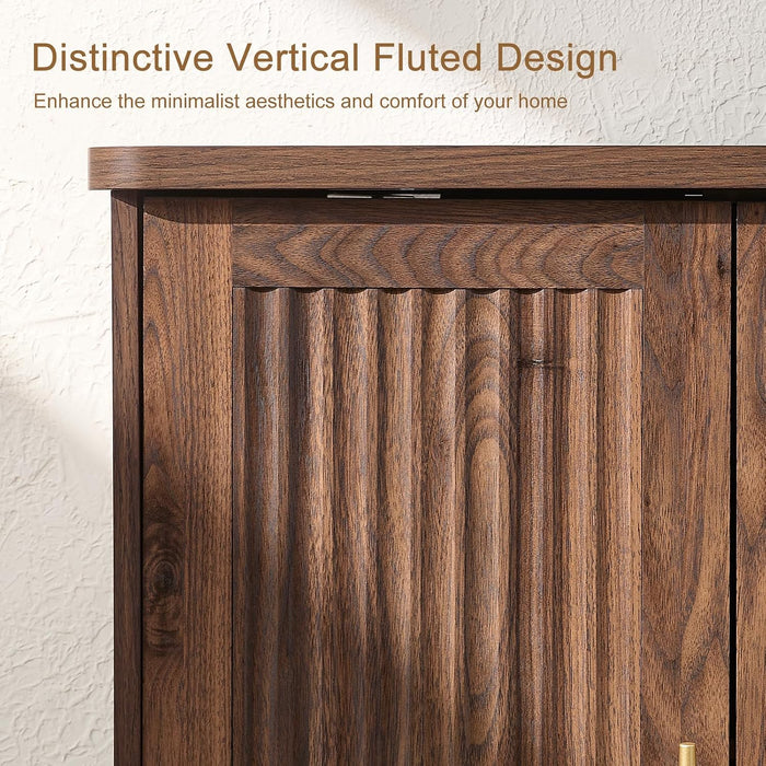 Modern Sideboard Buffet Cabinet with Storage, Walnut | Fluted Coffee Bar Cabinet with 4 Doors & Adjustable Shelves for Kitchen, Dining Room, Living Room & Hallway