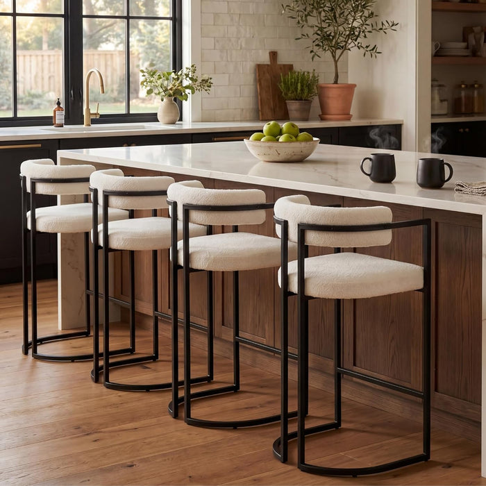 Modern Barrel Bar Stools Set of 2, 30” Barstools with Hollow Back Design and Footrest, White Sherpa Upholstered Counter Stools with Black Metal Base for Kitchen Island Home Bar Pub
