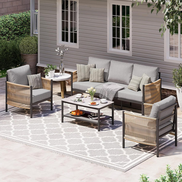 Aluminum Outdoor Patio Furniture Set with Dual-Layer Coffee Table, 4 Piece Modern Patio Conversation Sets with PE Rope, Outdoor Sectional Sofa with Thick Cushions for Balcony, Porch, Gray
