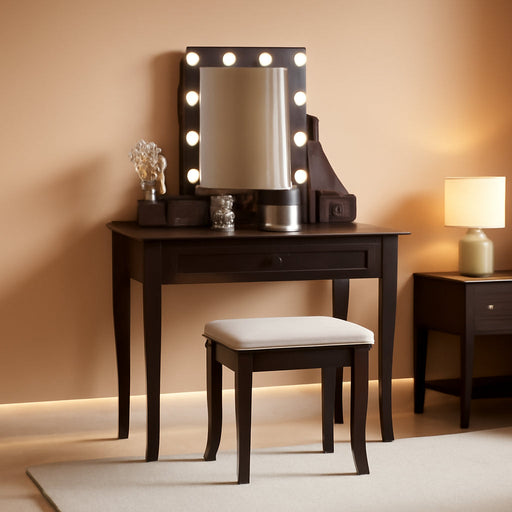 Vanity Set with Lighted Mirror, Makeup Table with 10 LED Dimmable Bulbs, 3 Drawers, 2 Dividers, Modern Bedroom Dressing Table Vanity Desk with Stool for Women Girls (Espresso)