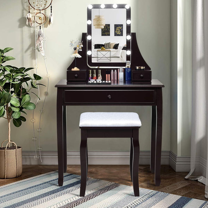 Vanity Set with Lighted Mirror, Makeup Table with 10 LED Dimmable Bulbs, 3 Drawers, 2 Dividers, Modern Bedroom Dressing Table Vanity Desk with Stool for Women Girls (Espresso)