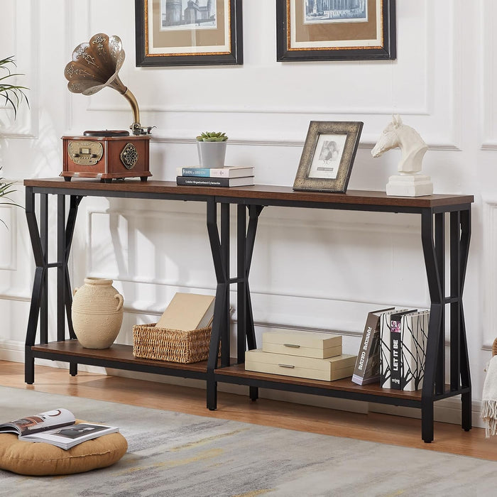 Sofa Console Table, 70.9" Extra Long Sofa Table with 2-Tier Storage, Industrial Narrow Console Tables behind Couch, Hallway Table for Entryway, Living Room, Rustic Brown
