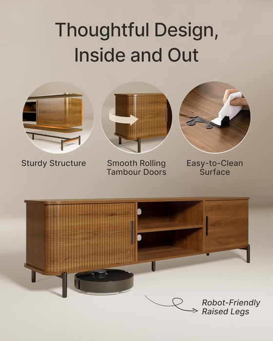 70" Mid-Century Fluted TV Stand with Storage, Modern Entertainment Centerfor Tvs up to 80 Inch with Sliding Tambour Doors & Open Shelves, Media Console for Living Room or Bedroom (Walnut)