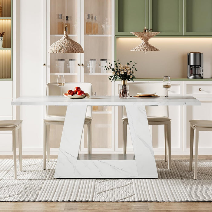 Dining Table for 4 to 6 People, 63" Rectangular Dining Room Table, Modern Wooden Faux Marble Dinner Table with Sturdy Base for Kitchen, Living Room