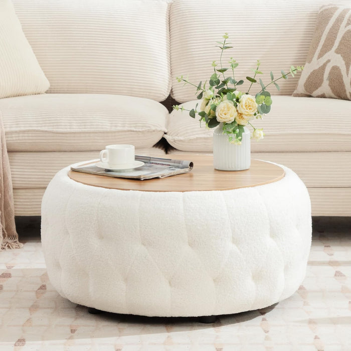 Large round Storage Ottoman Coffee Table with Wooden Tabletop, 30.5 Inches Teddy Fleece Tufted Ottoman for Living Room, Bedroom, Apartments, White