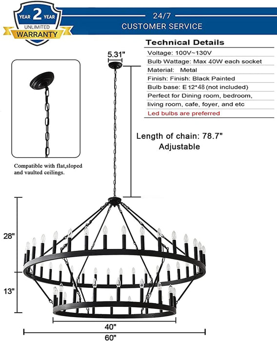 60 Inch Large Black Wagon Wheel Chandelier,2 Tier 54-Lights Farmhouse Industrial Country Style round Pendant Light Fixture for Outdoor Porch High Ceilings Living Dining Room Foyer Entryway