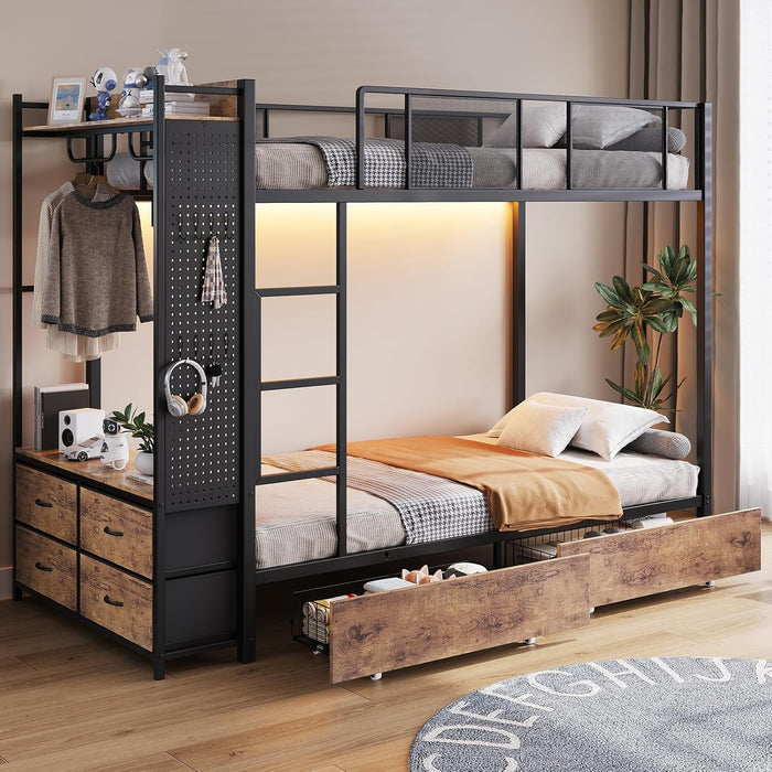 IndustrialGrade Brown Metal Twin Over Twin BunkBedStorage