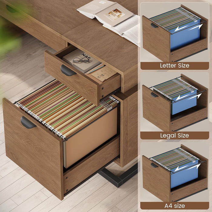 63" Executive Desk with Charging Station, Large Home Office Desks with 6 Drawers and 2 Storage Cabinets, File Drawer, Keyboard Tray, Privacy Panel, Desk Grommet, U-Shaped Metal Legs for Work and Study