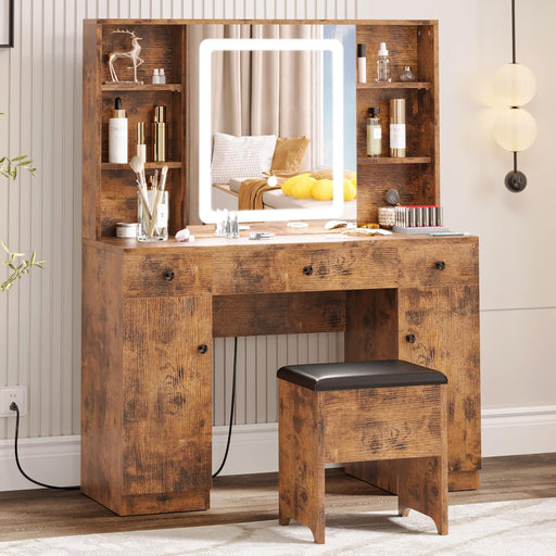 Vanity Desk Set with Large LED Lighted Mirror & Power Outlet, 7 Drawers Vanities Dressing Makeup Table with Storage Bench, for Bedroom, Industrial Style Vintage Brown