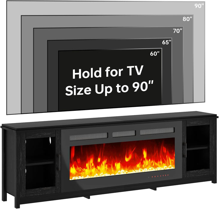 80" Fireplace TV Stand, Modern Entertainment Center with 50 Inch Electric Fireplace, Adjustable Shelf & Glass Door, Modern TV Console for Living Room, Black