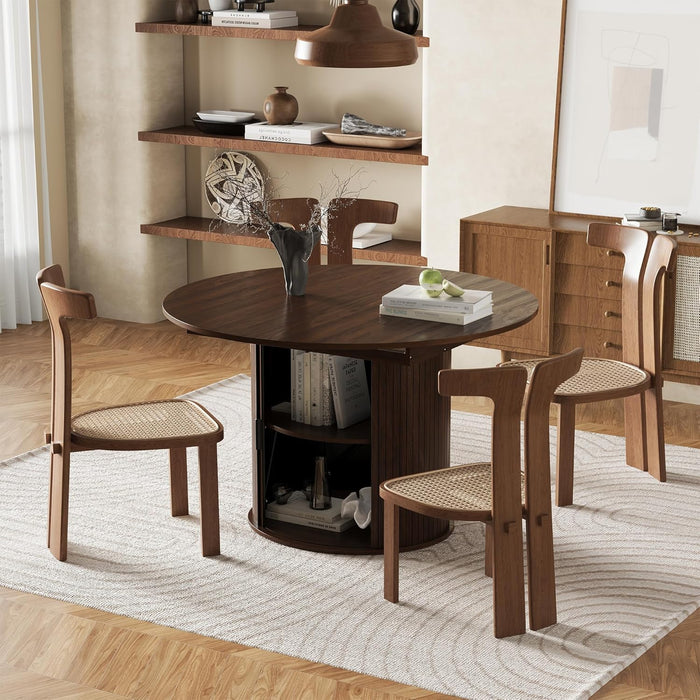 Walnut Extendable Round Dining Table Hidden Storage