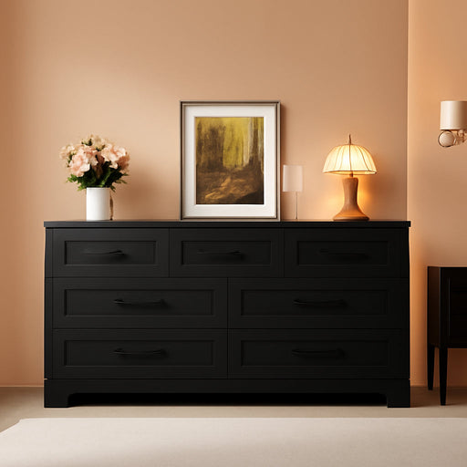 Dresser for Bedroom, Farmhouse 7 Drawers Dresser, Chest of Drawer Chest, Multi-Tier Clothing Storage Cabinet, Black