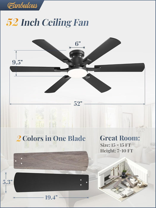 52 Inch Ceiling Fan with Lights, APP & Remote Control, Flush Mount Low Profile Black Ceiling Fan, 3000-6000K Dimmable LED, Quiet Reversible Motor, 6 Blades, 6 Speeds, for Bedroom Living Room