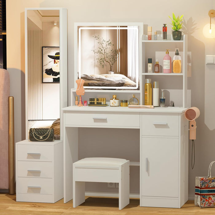 Multifunctional White Vanity Desk With Illuminated Mirror