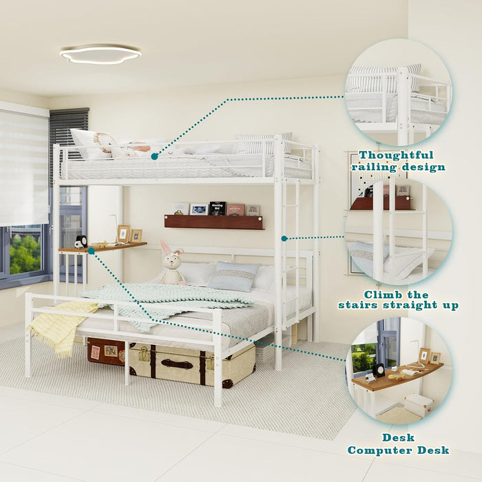 L-Shaped Twin over Full Bunk Bed with Desk, Heavy Duty Metal Loft Bed Frame with Ladder and Safety Guardrails, Space Saving Furniture for Kids, Teens, Bedroom, Dorm and Apartment, (White)