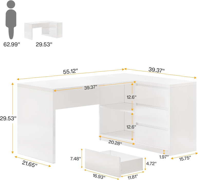 White L-Shaped Computer Desk with 3 Drawers, 55-Inch Modern Gloss Corner Home Office Executive Desk with LED Lights and 2 Storage Shelves for Work Study Writing