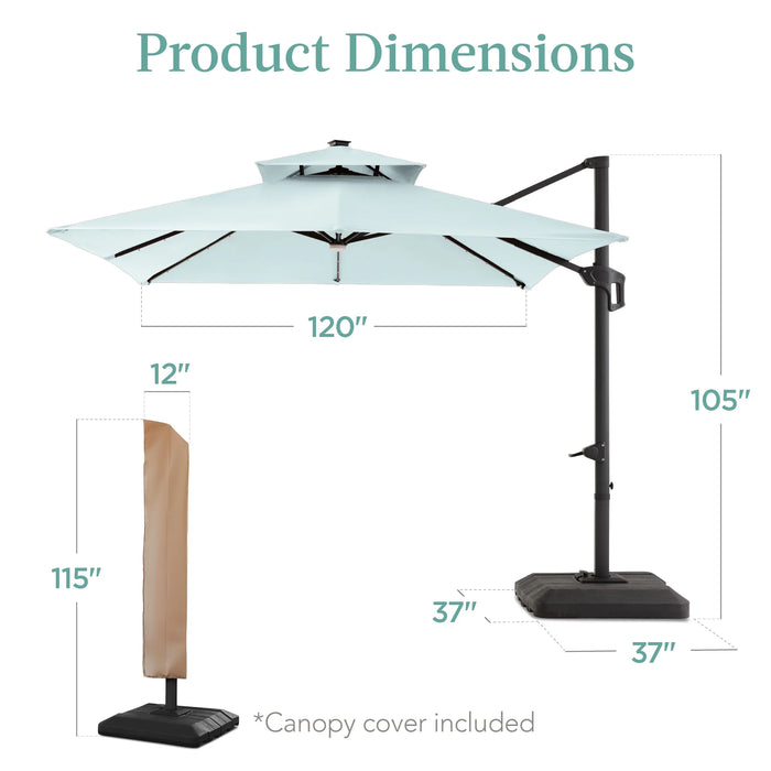 10X10Ft 2-Tier Square Outdoor Solar LED Cantilever Patio Umbrella W/ Base Included - Baby Blue