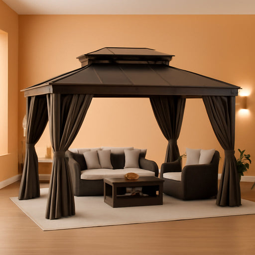 10X12Ft Gazebo Hardtop Double Roof Polycarbonate Canopy Outdoor with Netting and Shaded Curtains, Metal Frame Garden Tent for Patio, Backyard, Deck and Lawns, Gray