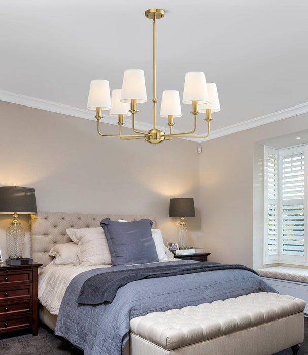 6-Light Brushed Gold Pendant Chandelier with Fabric Shades, E12 Base - Farmhouse & Industrial Style for Kitchen, Living Room, Dining Room, or Bedroom Lighting