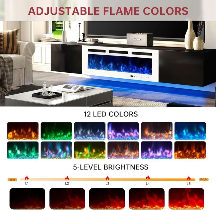 80" Floating TV Stand with 40" Electric Fireplace, Modern Entertainment Center with Storage, Adjustable 12-Color LED Lights, Fire Place TV Console for Living Room, Black+White