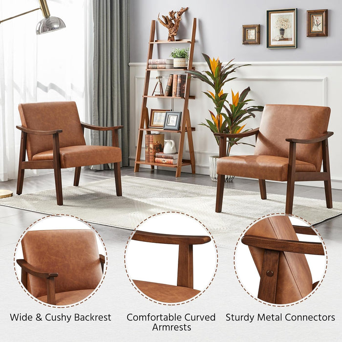 PU Leather Accent Chair, Mid-Century Modern Armchair with Solid Wood Legs, Reading Leisure Chair with High Back for Living Room Bedroom Waiting Room, Set of 2, Brown