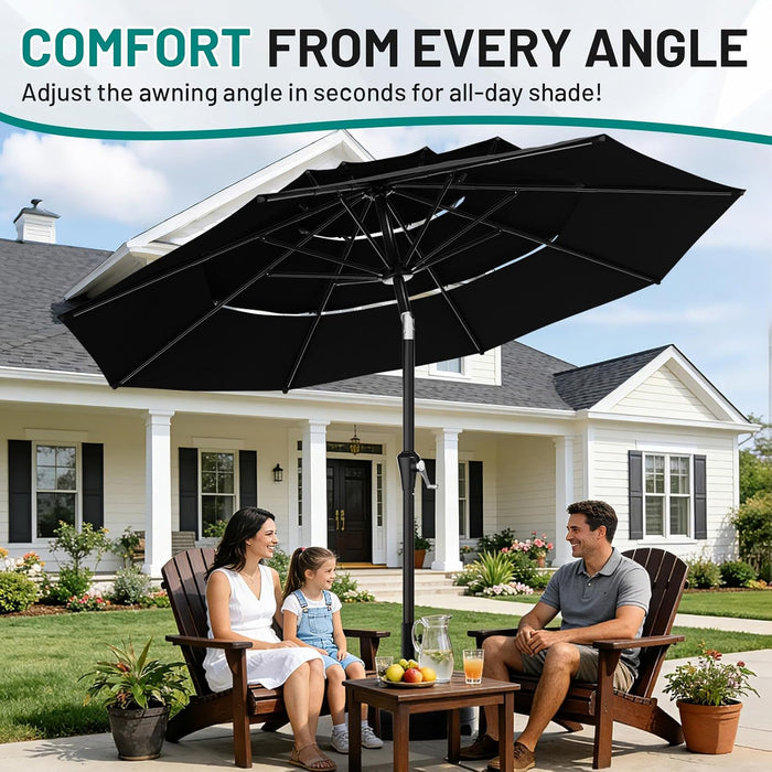 9Ft 3-Tier Patio Umbrellas, Outdoor Umbrella with 8 Sturdy Ribs UV Protection Windproof, Market Table Umbrella W/Push Button Tilt & Crank for Pool, Porch, Deck, Garden(Black)