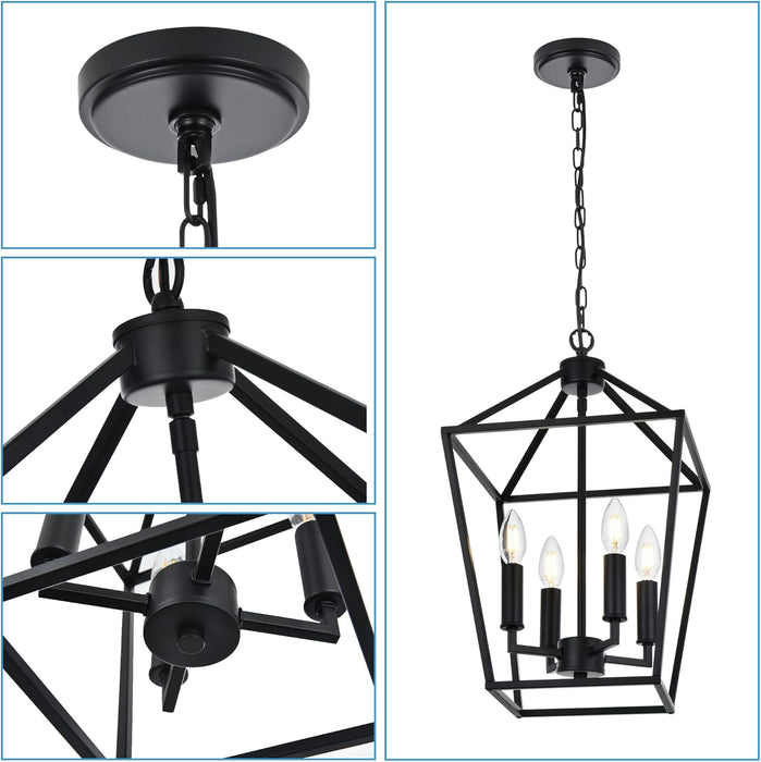 Farmhouse Chandelier Black Openwork Cage Four Light