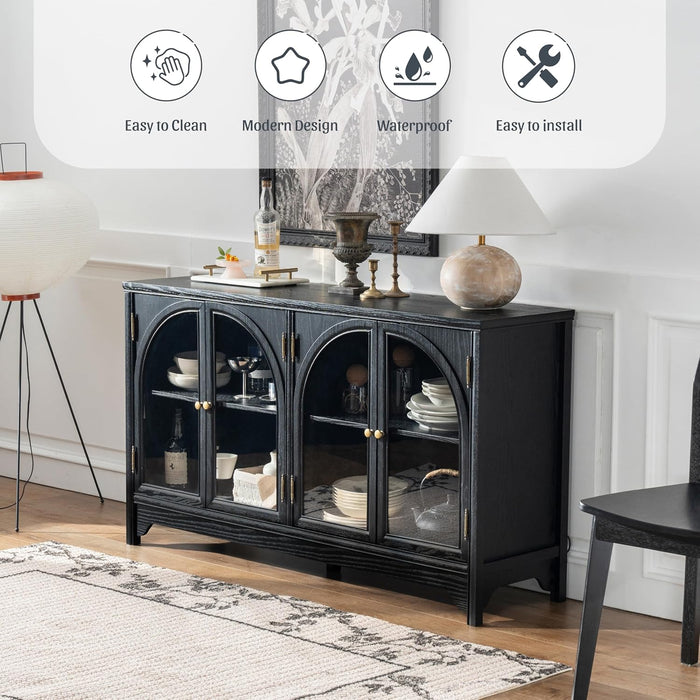 Solid Wood Buffet Cabinet for Dining Room, 55" Farmhouse Kitchen Sideboard with 4 Storage Doors, Multi-Functional Storage for Kitchen & Dining Room (1, Black)