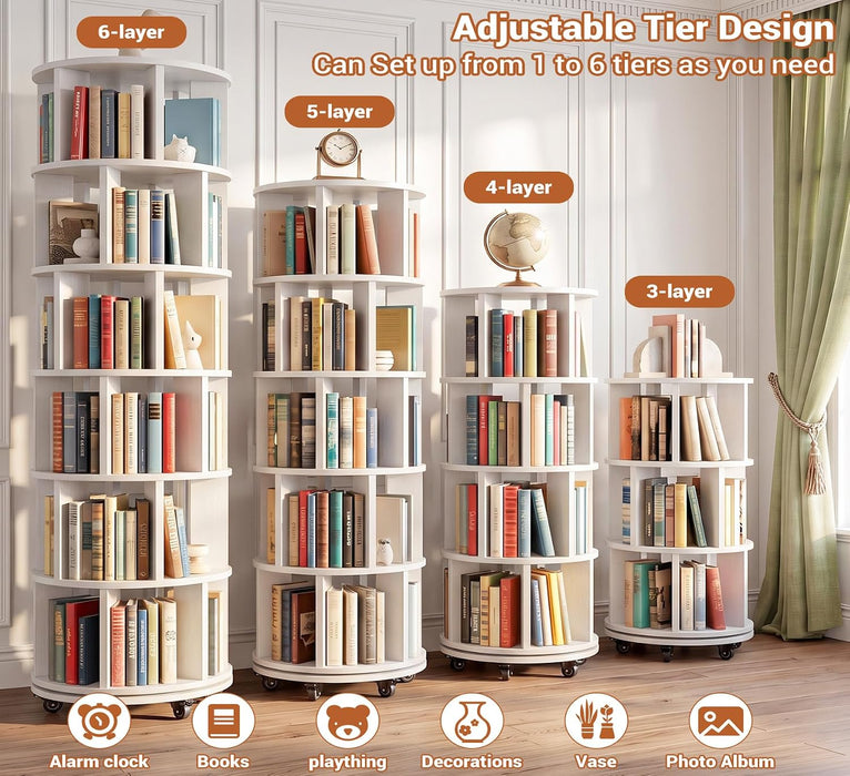 6-Tier Rotating Bookshelf Tower, Solid Wood 360° Revolving Bookcase | round Spinning Book Shelf Organizer on 6 Wheels, Narrow Rolling Bookshelves for Small Spaces, Corner, Bedroom, Office, White