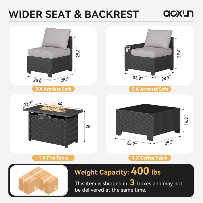 Outdoor Patio Furniture Set with 44'' Fire Pit Table, 7 Pcs Outdoor Sectional with 4In Thicken Cushion, Widen Armrests Wicker for Backyard, Grey