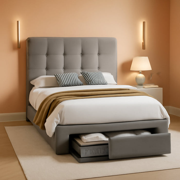 Upholstered Full Size Platform Bed Frame with 4 Storage Drawers, Adjustable Headboard with Square Stitched Button Tufted Design, Wooden Slat Support, No Box Spring Needed, Light Grey