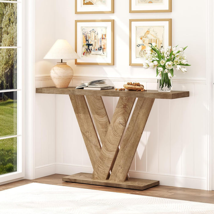 51 Inch Console Table, Modern V-Shaped Entryway Table, Wood Sofa Table behind the Couch for Living Room, Hallway, Entrance, Foyer, Easy Assembly, Brown