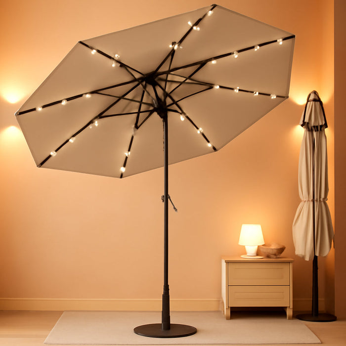 10FT Solar Lighted Patio Umbrella, Outdoor Table Market Umbrellas with Push Button Tilt and Crank, 32 LED Lights, 8 Sturdy Ribs, Uv-Resistant for Deck, Garden, Pool