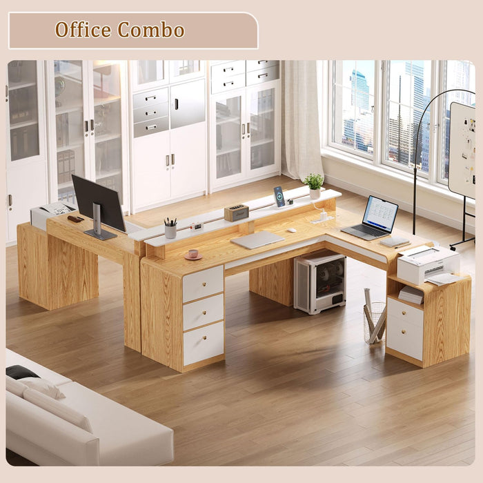 66" Farmhouse L Shaped Desk with 5 Drawers & File Drawers for Home Office