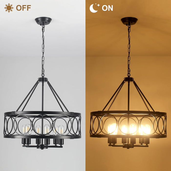 Black Farmhouse Chandelier, 6-Light Rustic Chandeliers for Dining Room Light Fixture, Drum Chandelier round Pendant Light, Hanging Kitchen Island Lighting for Living Room, Entryway, Foyer