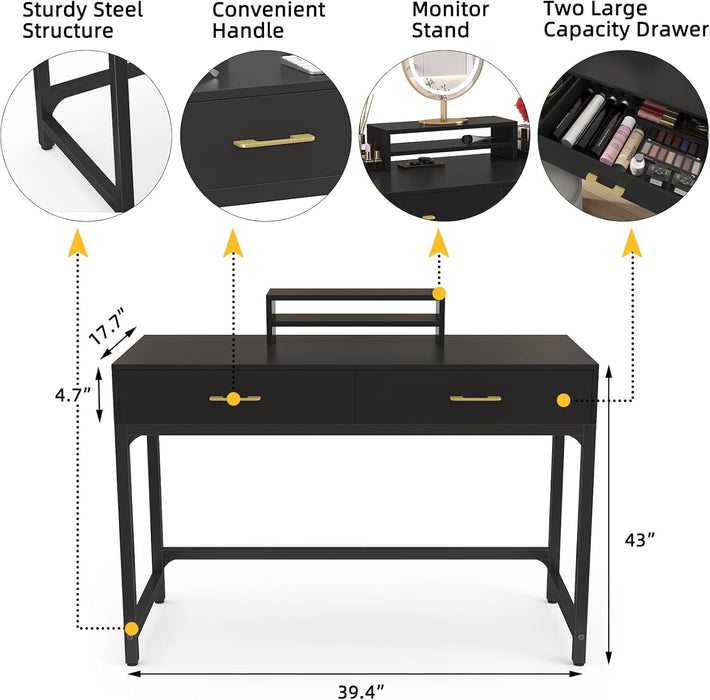 Computer Gaming Desk Office - Study Writing Desk with Drawer for Teen, Bedroom Makeup Desk Home Office Furniture with Storage Shelf, Height Monitor Stand
