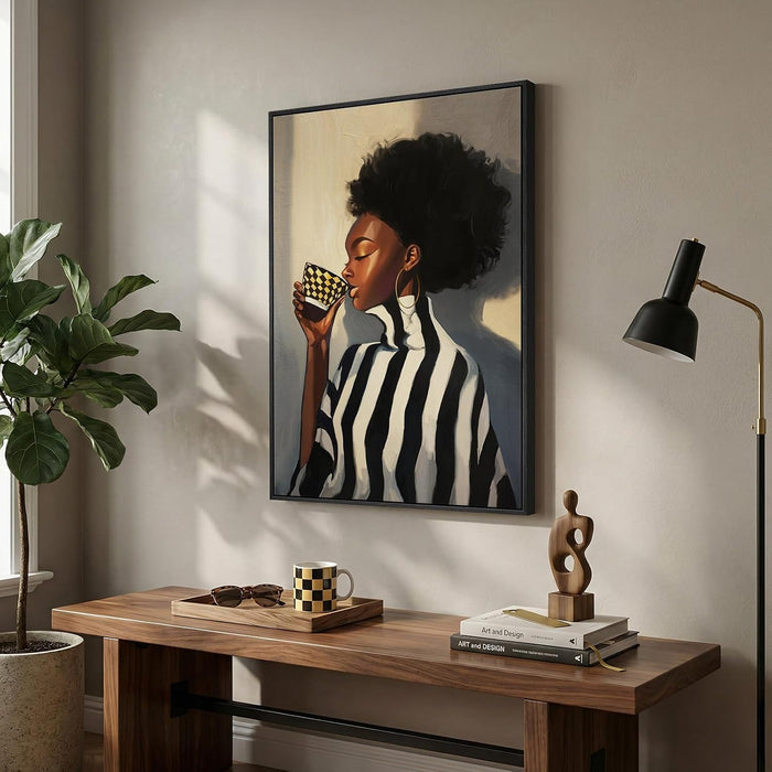 Framed African American Wall Art, Modern Black Woman Canvas Picture Prints, Black and White Portrait Black Art Decor for Living Room, Coffee Corner, Bedroom, Office, 24 X 36 In