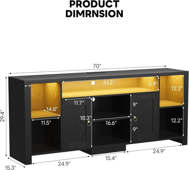 TV Stand for Tvs 80 Inch with LED Lights & Power Outlet, Entertainment Center with Cabinets, Adjustable Shelves and Open Shelves, Modern Media TV Console Living Room, Black
