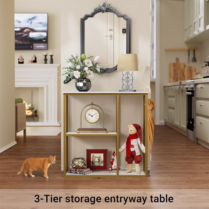31.5" Narrow Console Table with 3-Tier Storage, Industrial Sofa Table for Entryway, Living Room & Hallway - Gold Marble Faux Top, Sturdy Metal Frame
