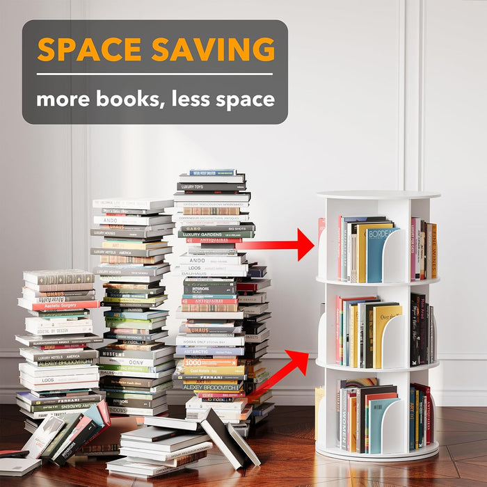Three Tier Rotating Bookshelf Tower White 37.8Inches